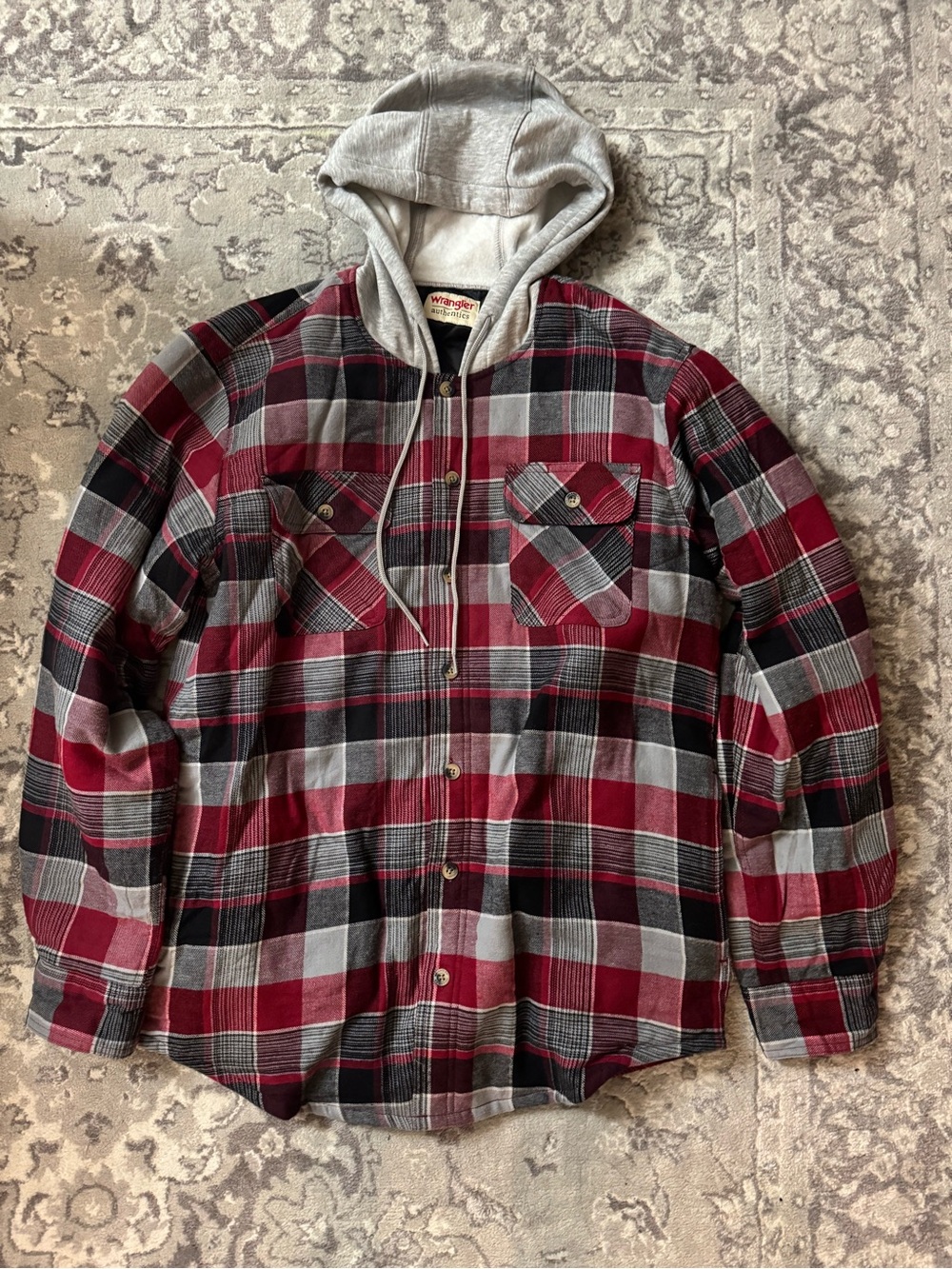 Wrangler Red and Gray Plaid Hooded Button-Down Shirt